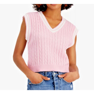 NWT Sugar Moon Pink Knit V Neck Vest White Trim Pullover Large Stretchy